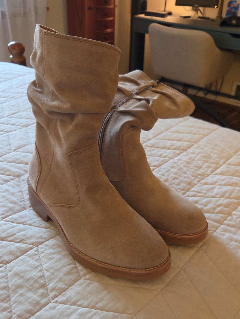 Suede Mid-Calf Slouch Boots in Taupe